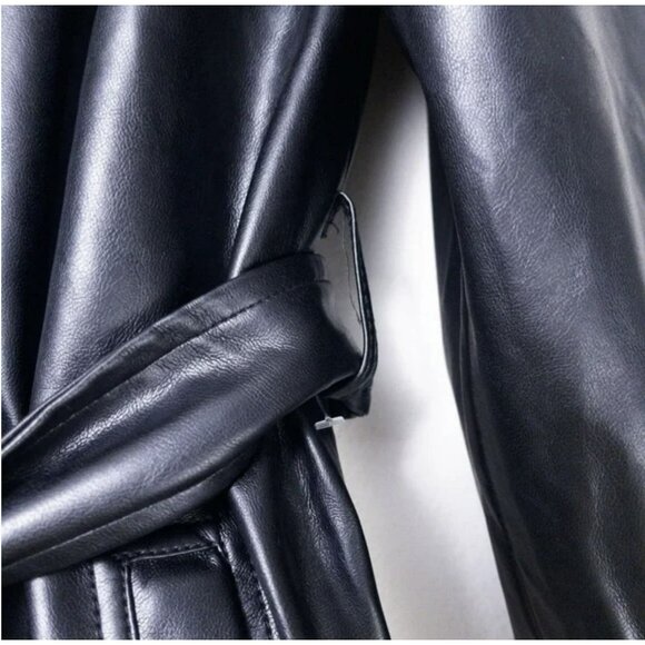 Revolve Blank NYC Black Fur Trench Coat Large Vegan Faux Leather Jacket NWT - Picture 10 of 11